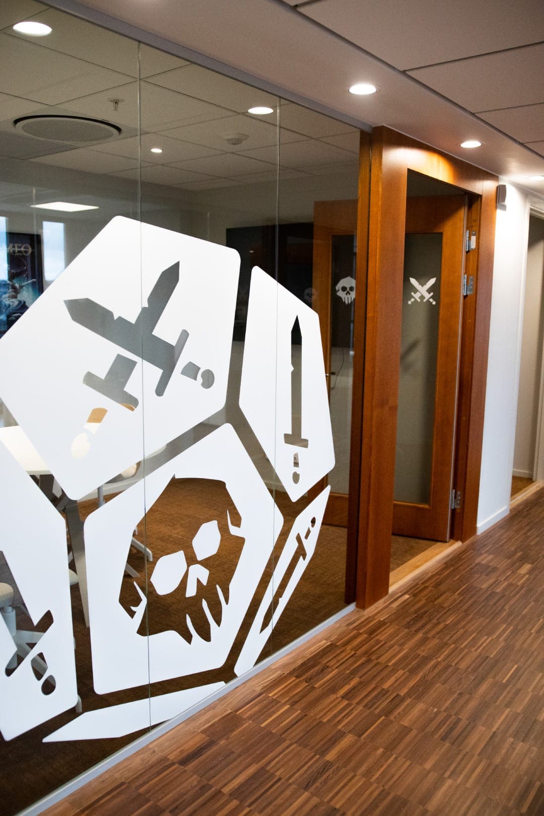 Decorative glass wall with motifs from the gaming world at Resolution Games' head office in Stockholm