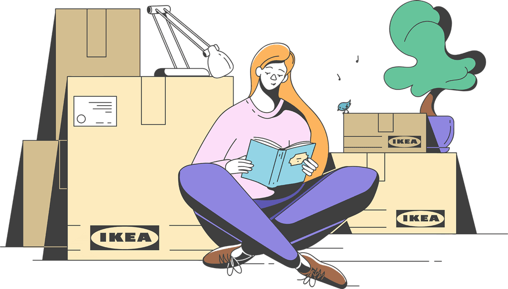 Illustration of a girl relaxing with a book in front of her moving boxes