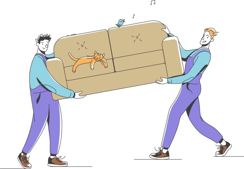 Illustration of two Pandys carrying a sofa with a sleeping cat on it