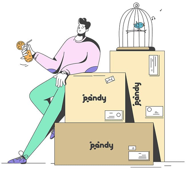 Sketched illustration of a person sitting on Pandy moving boxes