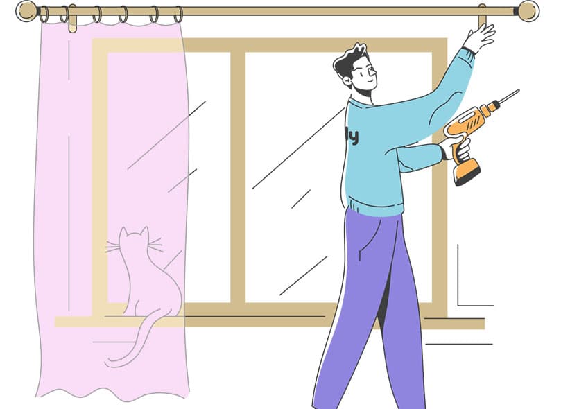 Illustration of a Pandy handyman installing a curtain rail