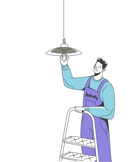 Illustration of a Pandy handyman installing a lamp