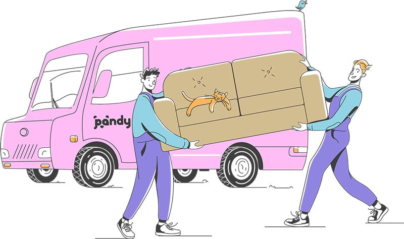 Illustration of two movers in front of a pink moving van carrying a sofa with a sleeping cat on it