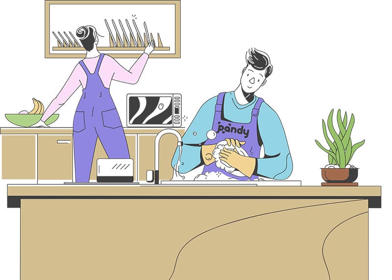 Illustration av två Pandys som städar och diskar i ett kontorskök