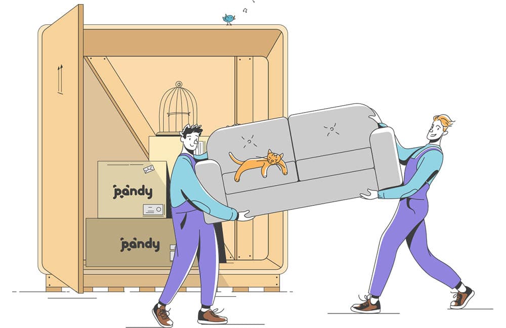 Two Pandys carrying a sofa and moving boxes into a storage unit