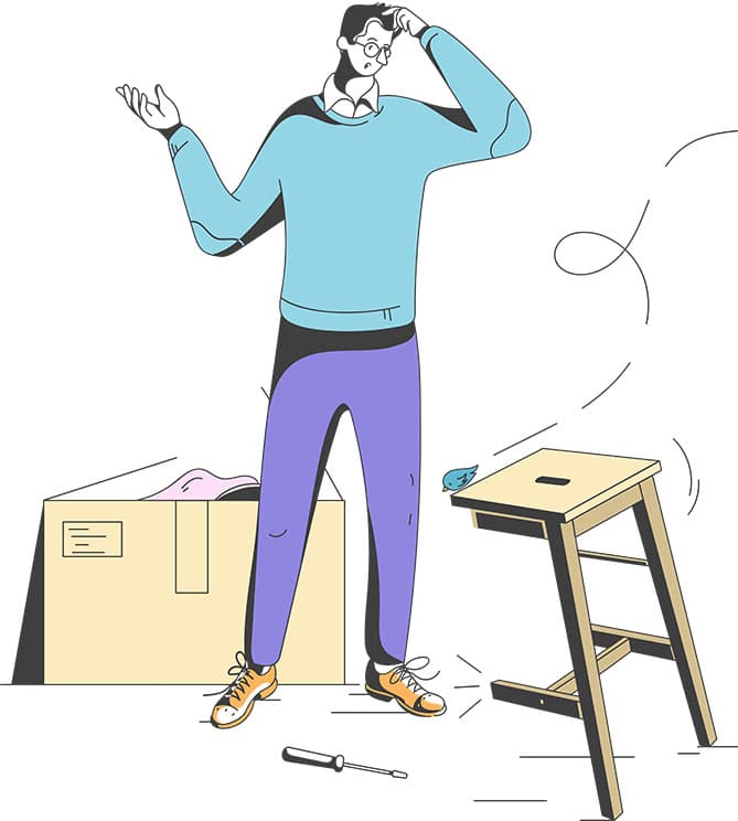 Illustration of a confused man trying to assemble a stool