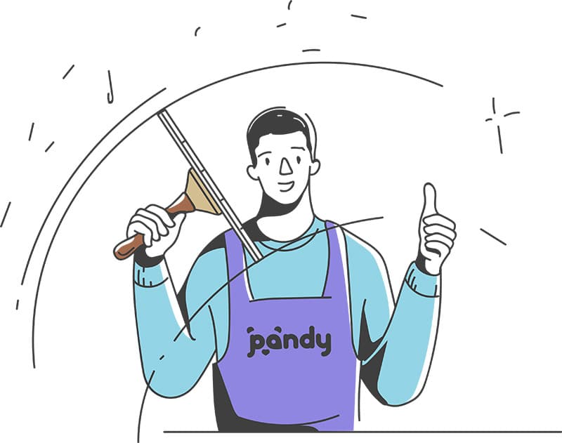Illustration of a window cleaner giving a thumbs up while washing a window