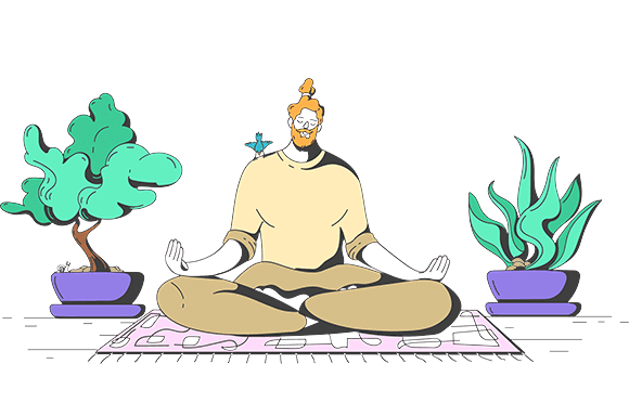 Harmonious illustration of a young man meditating in the lotus position on a rug