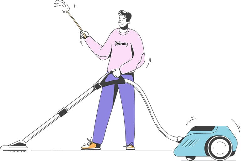 Illustration av en pandy som dammsuger samtidigt som han använder en dammvippa